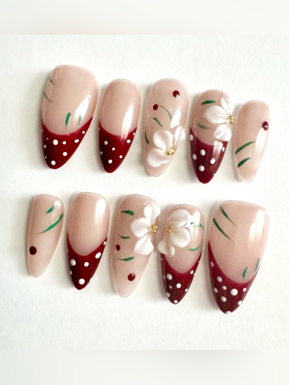 3D Floral Red Polka Dot Press-On Nails